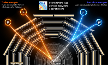Illustrazione di due tipi di particelle a vita lunga che decadono in una coppia di muoni, che mostra come i segnali dei muoni possono essere fatti risalire al punto di decadimento delle particelle a vita lunga utilizzando i dati del tracker e dei rilevatori di muoni. (Immagine: CMS/CERN)