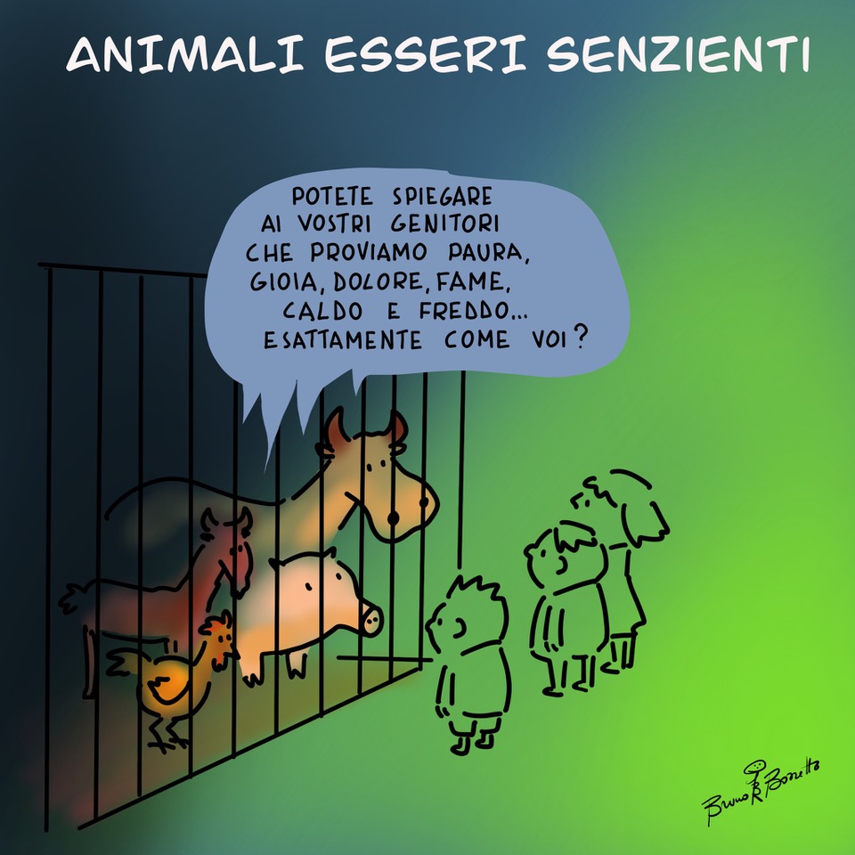 La vignetta di Bruno Bozzetto - ANIMALI ESSERI SENZIENTI - SABATO 25 DOMENICA 26 NOVEMBRE 2023 DALLE ORE 16 - LIVE HAPPENING CON GLI ARTISTI DI ARTISTS UNITED FOR ANIMALS