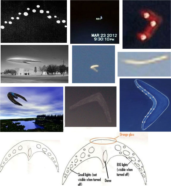 Différentes observations d’OVNI en forme de boomerang. Selon Credo Mutwa,  ces vaisseaux font des tourbillons de poussières et un bruit de tornade en se posant