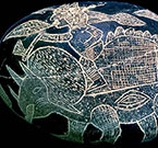 L'immagine riprodotta da una ''pietra di Ica'' che mostra un uomo a cavallo di un Triceratopo