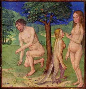  Un dipinto medievale suggerito dagli alchimisti del tempo che mostra i progenitori dell'umanità mentre ricevono nell'Eden la conoscenza da una creatura sauroide 