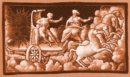  In questo dipinto dell'800 europeo si distinguono i due aiutanti di Fetonte posizionati ai suoi lati 