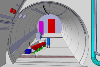 Illustration en 3D du futur détecteur FASER dans le tunnel TI12. Le détecteur est aligné avec précision sur l'axe de collision d'ATLAS, à 480 m du point de collision. (Image: FASER/CERN)