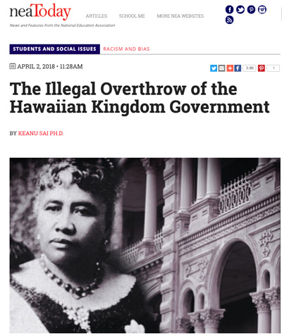 Il “rovesciamento illegale del governo del Regno Hawaiano” in uno dei tanti articoli di protesta  sui giornali delle Hawaii. In primo piano la regina Liliuokalani con sullo sfondo il Iolani Palace di Honolulu