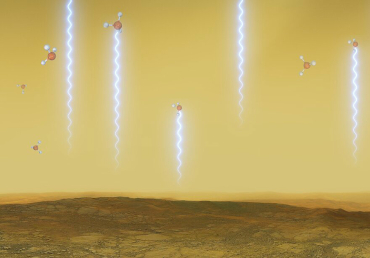 Rappresentazione artistica che mostra la superficie e l’atmosfera del pianeta Venere, con le molecole di fosfina in evidenza. Image: ESO