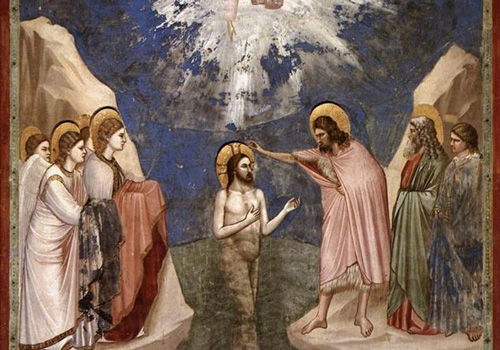 Il battesimo di Cristo da parte di Giovanni Battista, affresco di Giotto del 1300