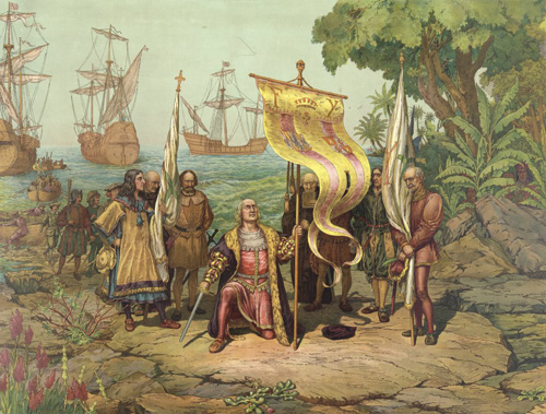  Un disegno che raffigura lo sbarco di Colombo nelle Americhe e la presa di possesso delle terre dei Nativi