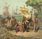 Un disegno che raffigura lo sbarco di Colombo nelle Americhe e la presa di possesso delle terre dei Nativi (di anonimo)