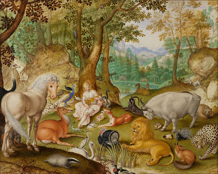 Animali e umani insieme nel dipinto di Jacob Hoefnagel Orpheus Charming the Animals