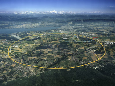 Vista aerea della zona dove sorge il CERN di Ginevra e i tracciati degli anelli sotterranei degli acceleratori LHC e SPS con la posizione dei principali esperimenti