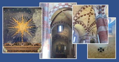 Simboli nella chiesa: il grande sole sull’altare, la Rosa di Staffarda, le stelle sulla volta e la croce templare